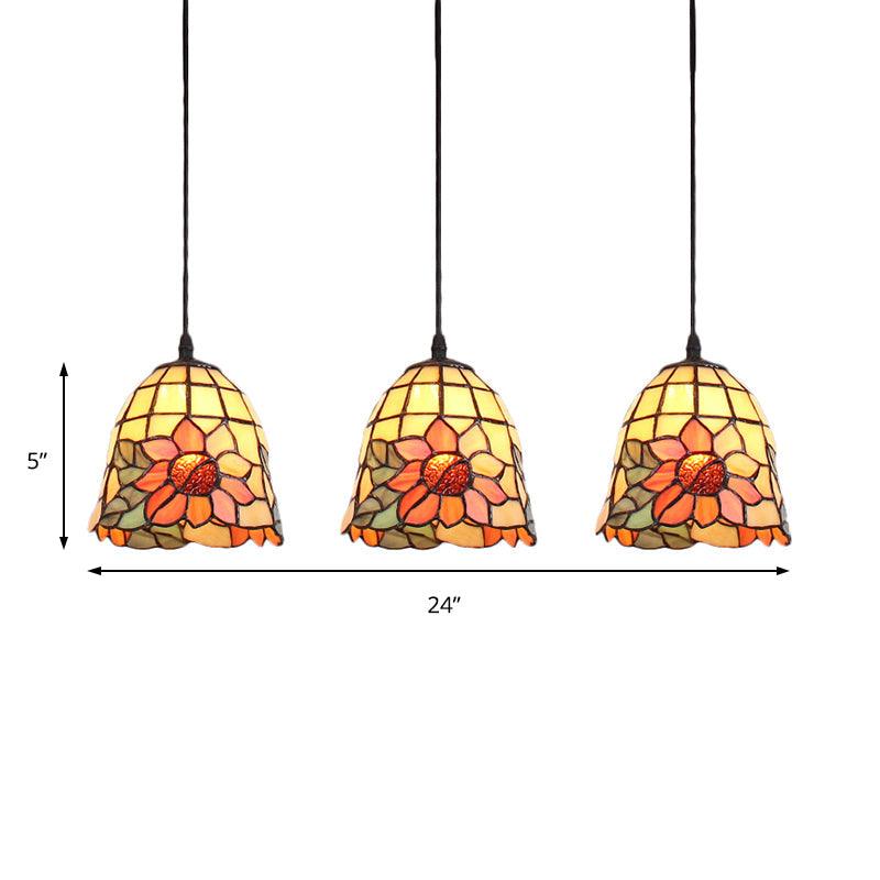 3 Heads Cluster Pendant Light Tiffany Bell Orange Art Glass - Rebooters