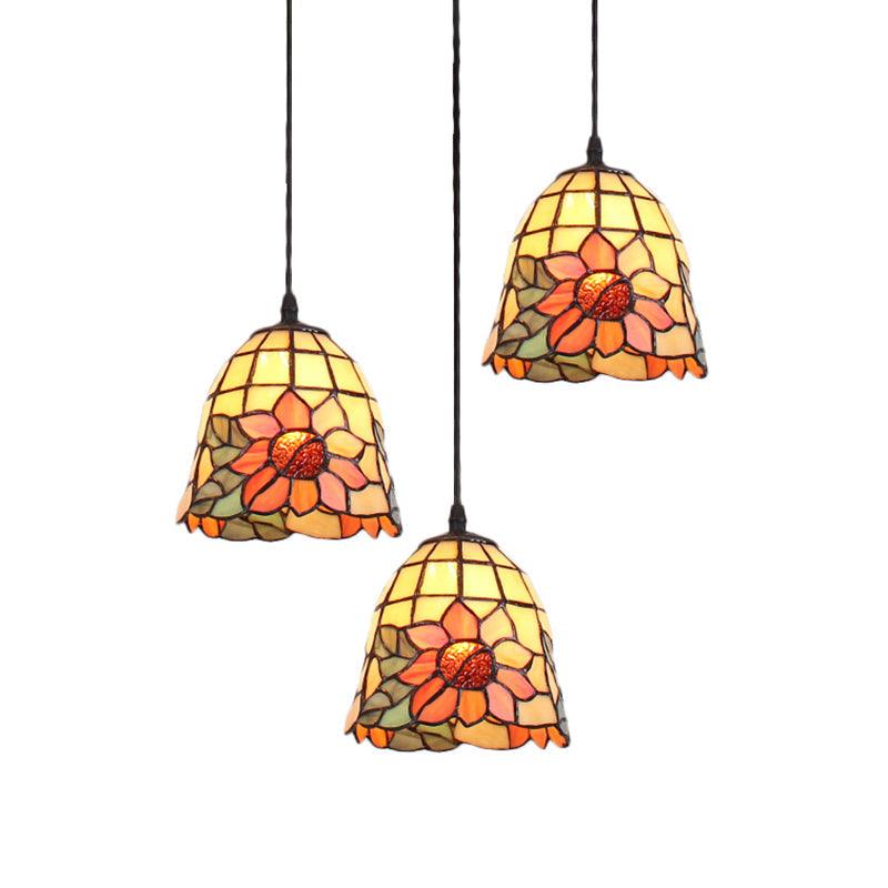 3 Heads Cluster Pendant Light Tiffany Bell Orange Art Glass - Rebooters