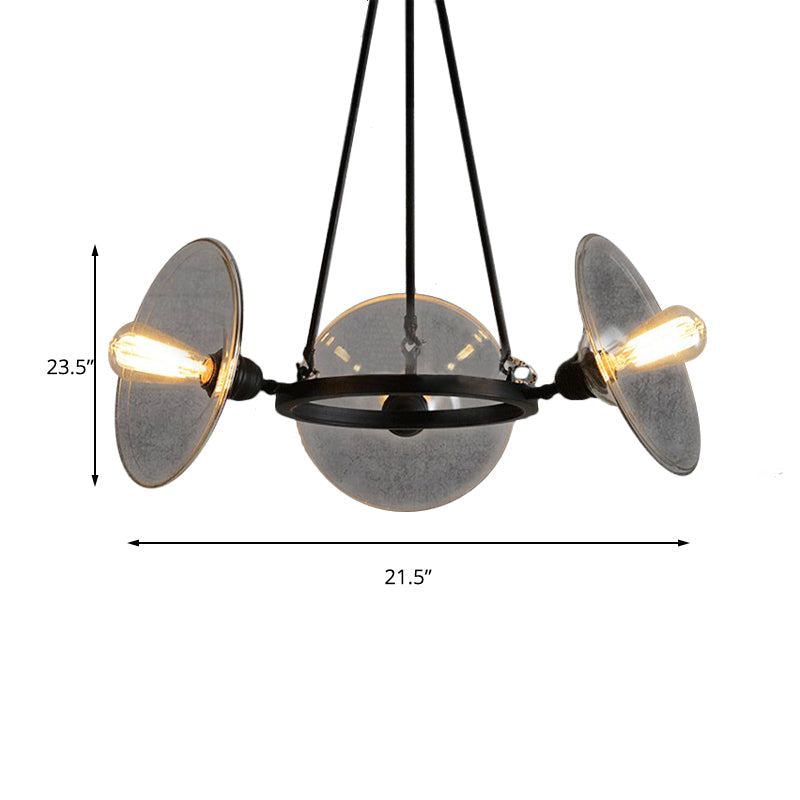 3-Light Disc Shade Chandelier Industrial Black Glass Fixture - Rebooters