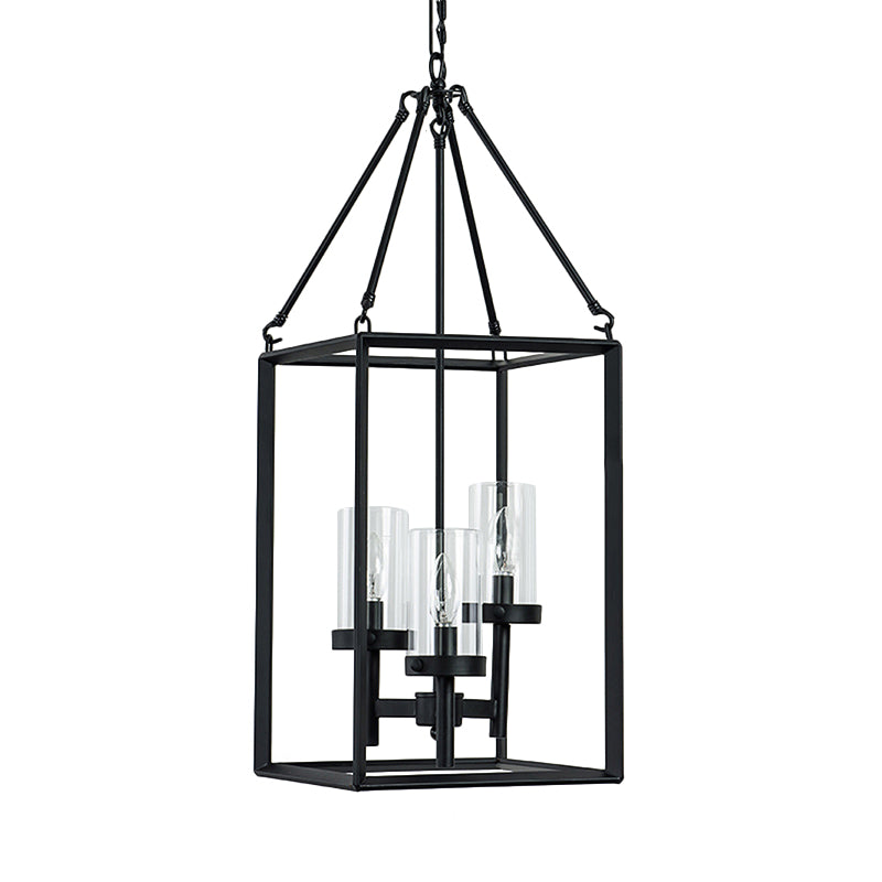 3 Lights Ceiling Light Fixture Vintage Candle Clear Glass Pendant Chandelier in Black with Metal Frame - Rebooters