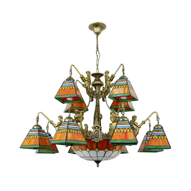 15 Lights Pyramid Chandelier Tiffany-Style Orange Blue Lamp - Rebooters