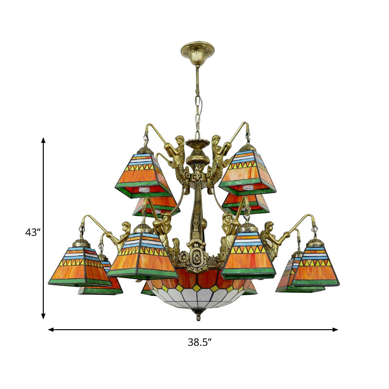 15 Lights Pyramid Chandelier Tiffany-Style Orange Blue Lamp - Rebooters