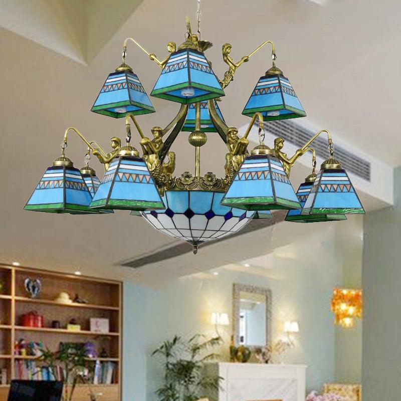 15 Lights Pyramid Chandelier Tiffany-Style Orange Blue Lamp - Rebooters