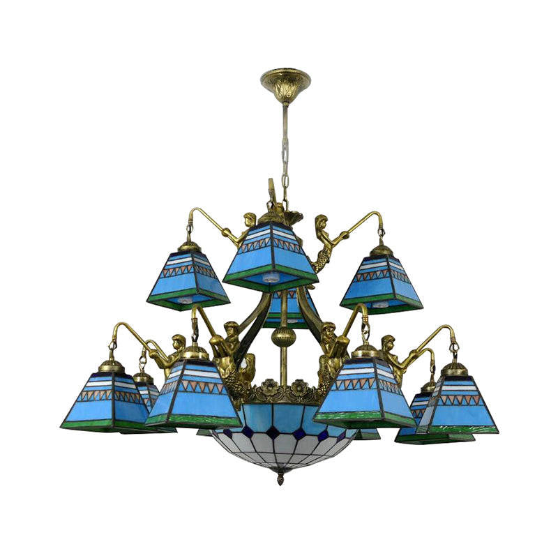 15 Lights Pyramid Chandelier Tiffany-Style Orange Blue Lamp - Rebooters