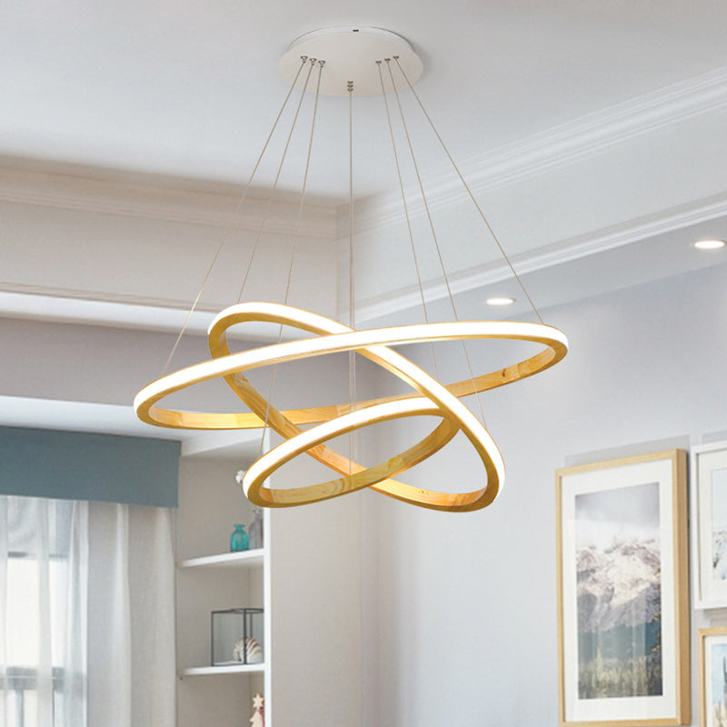 Wood Rings Hanging Chandelier Minimalism LED Ceiling Pendant Light in Beige 21 25 Width - Rebooters