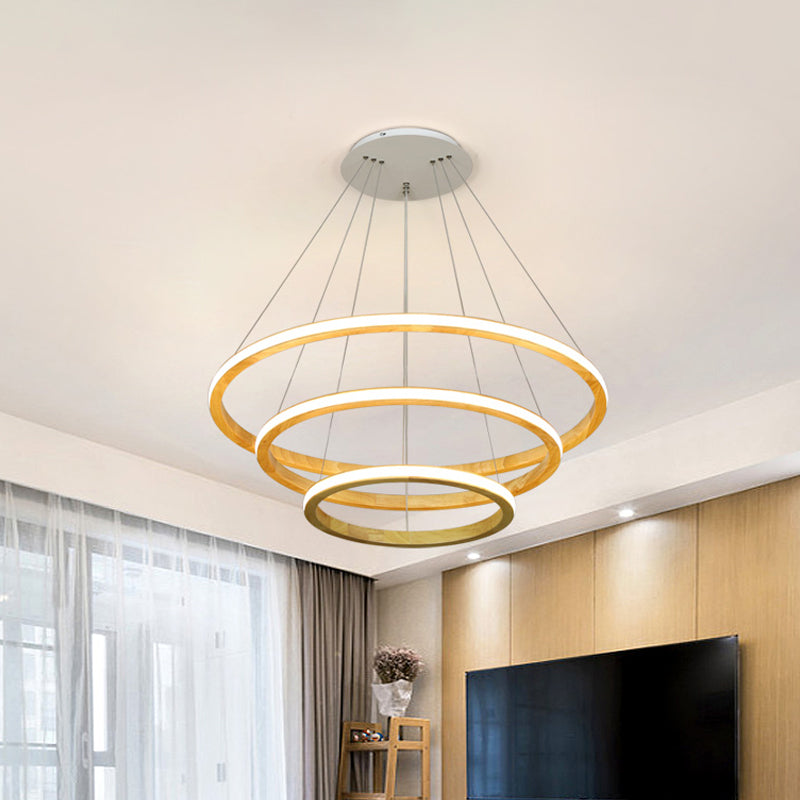 Wood Rings Hanging Chandelier Minimalism LED Ceiling Pendant Light in Beige 21 25 Width - Rebooters