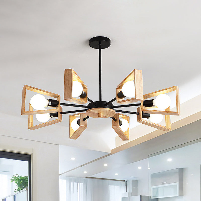 Wood Trapezoid Frame Suspension Lamp Modernist 8-Head Chandelier - Rebooters