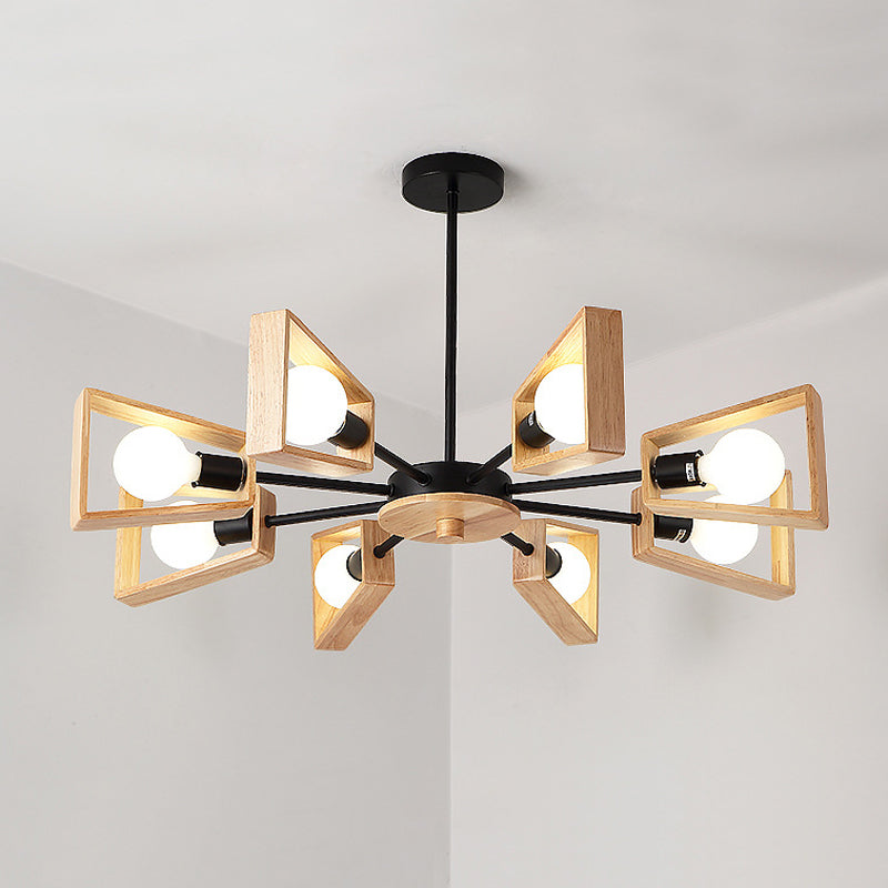 Wood Trapezoid Frame Suspension Lamp Modernist 8-Head Chandelier - Rebooters