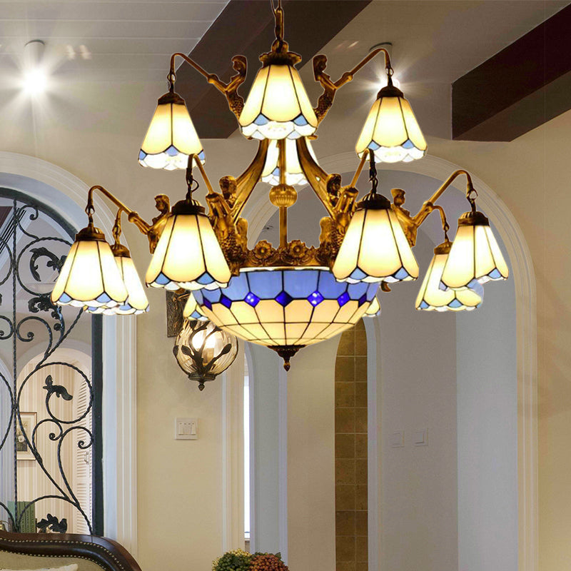 15 Lights Hanging Chandelier Tiffany Cone Stained Glass Pendant Light Fixture in White Blue - Rebooters