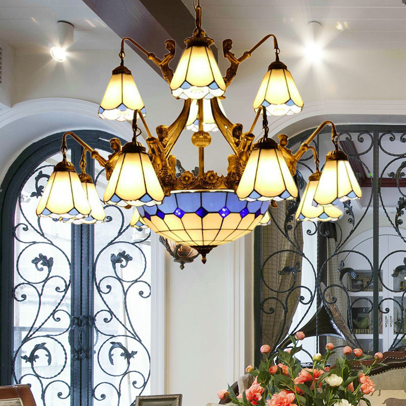 15 Lights Hanging Chandelier Tiffany Cone Stained Glass Pendant Light Fixture in White Blue - Rebooters