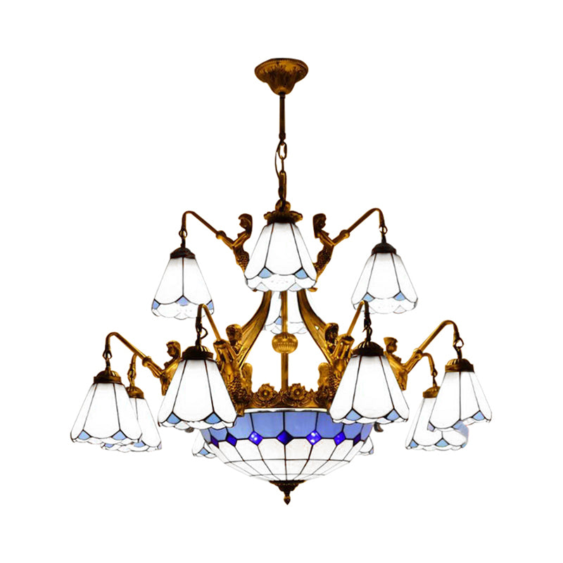 15 Lights Hanging Chandelier Tiffany Cone Stained Glass Pendant Light Fixture in White Blue - Rebooters