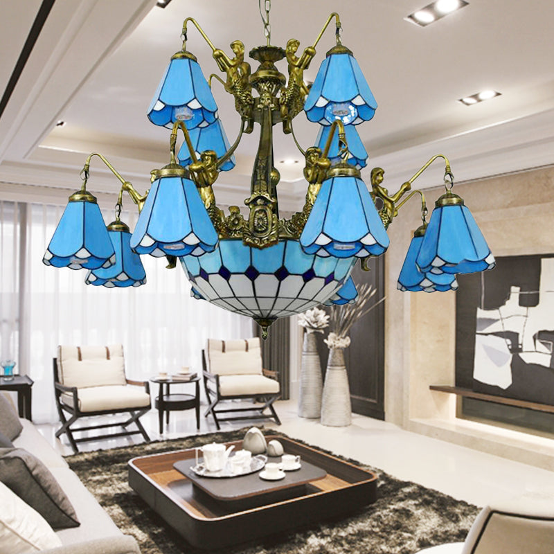 15 Lights Hanging Chandelier Tiffany Cone Stained Glass Pendant Light Fixture in White Blue - Rebooters