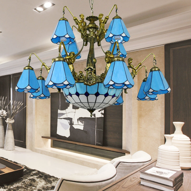 15 Lights Hanging Chandelier Tiffany Cone Stained Glass Pendant Light Fixture in White Blue - Rebooters