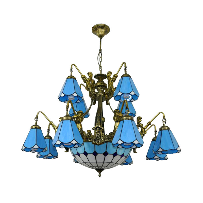 15 Lights Hanging Chandelier Tiffany Cone Stained Glass Pendant Light Fixture in White Blue - Rebooters