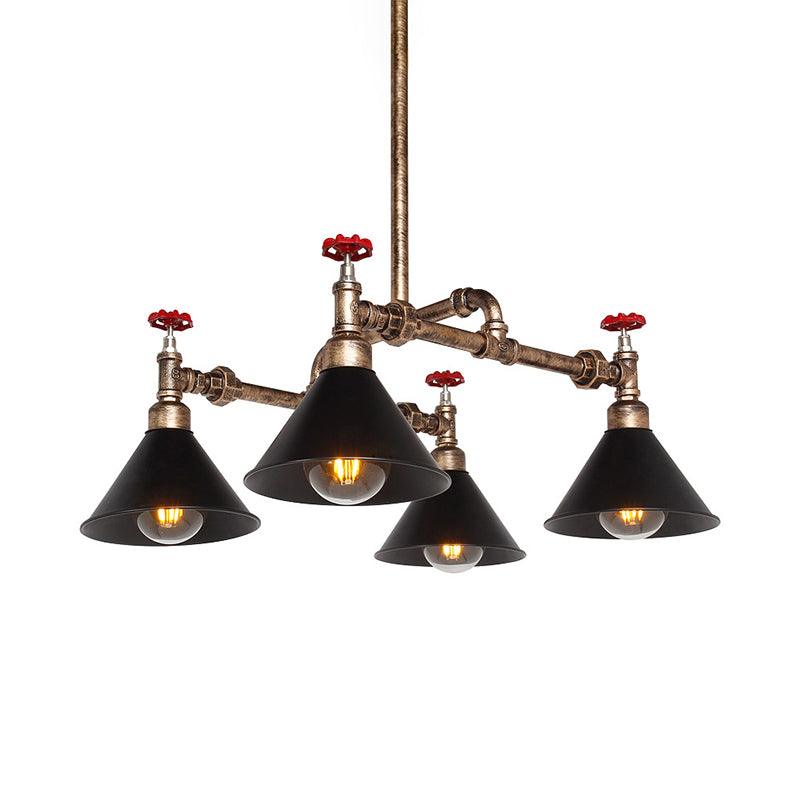 4/6 Lights Chandelier Light Fixture Vintage Stylish Cone Shade Metal Pendant Lighting with Red Valve in Brass - Rebooters