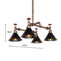 4/6 Lights Chandelier Light Fixture Vintage Stylish Cone Shade Metal Pendant Lighting with Red Valve in Brass - Rebooters