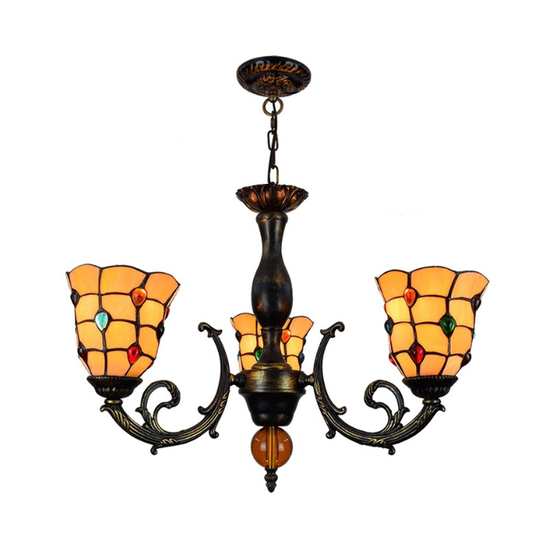 3 Heads Bell Hanging Pendant Rustic Stained Glass Chandelier Light with Jewel Pattern in Yellow - Rebooters