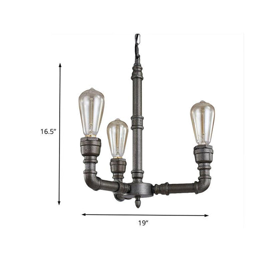 3/6 Heads Hanging Chandelier Lamp Vintage Bare Bulb Metal Pendant Light with Water Pipe in Black - Rebooters
