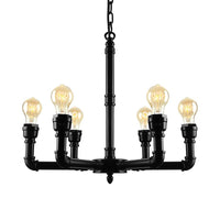 3/6 Heads Hanging Chandelier Lamp Vintage Bare Bulb Metal Pendant Light with Water Pipe in Black - Rebooters