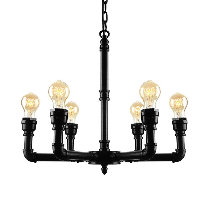 3/6 Heads Hanging Chandelier Lamp Vintage Bare Bulb Metal Pendant Light with Water Pipe in Black - Rebooters