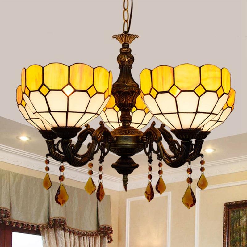 5 Heads Bowl Glass Shade Chandelier Rustic Light in Yellow - Rebooters