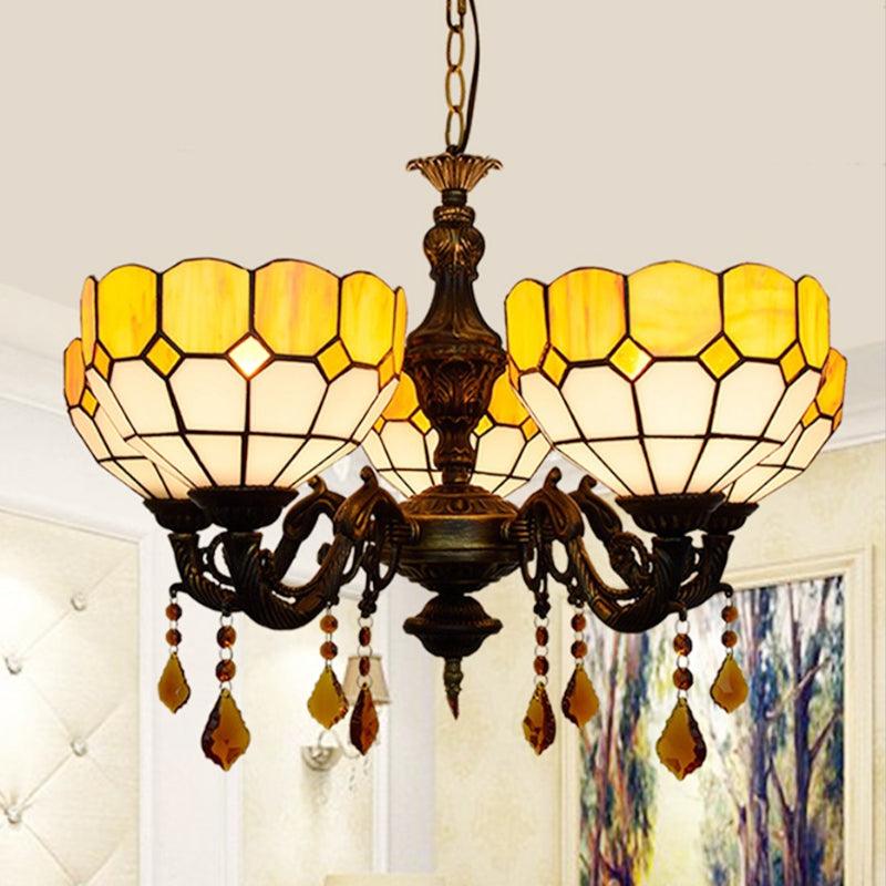 5 Heads Bowl Glass Shade Chandelier Rustic Light in Yellow - Rebooters