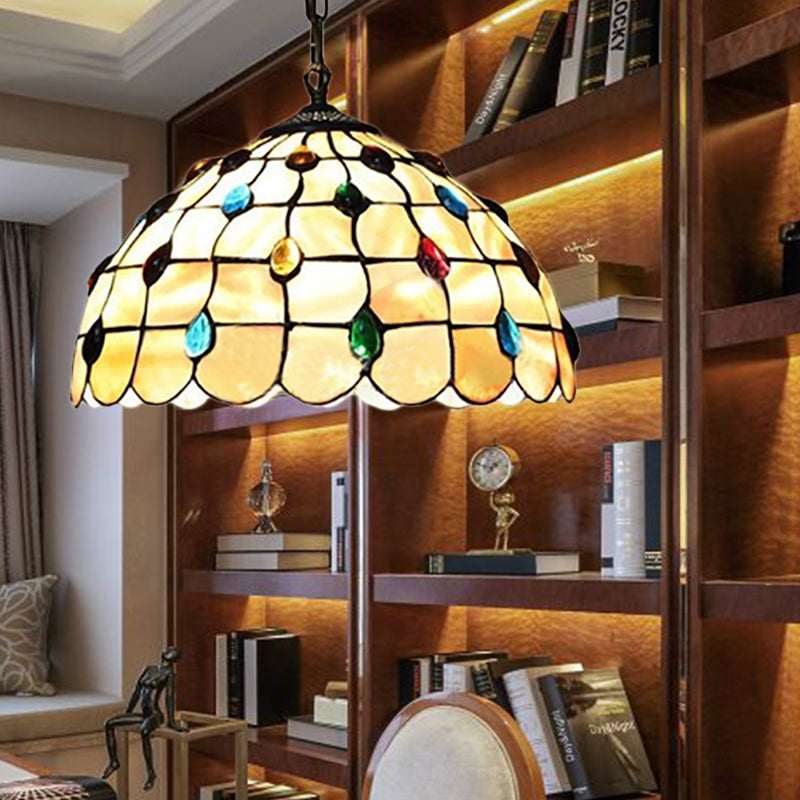 1 Light Study Pendant Lighting Tiffany Beige Hanging Ceiling Light - Rebooters