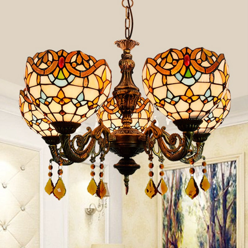 Victorian Bowl-Shaped Chandelier Light Stained Glass 5 Lights - Rebooters