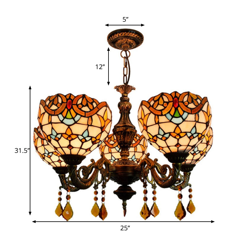 Victorian Bowl-Shaped Chandelier Light Stained Glass 5 Lights - Rebooters