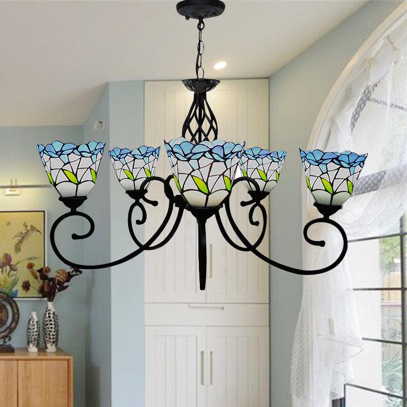 5 Heads Floral Ceiling Chandelier Light Tiffany Style Stained Living Room Pendant Light in Blue - Rebooters