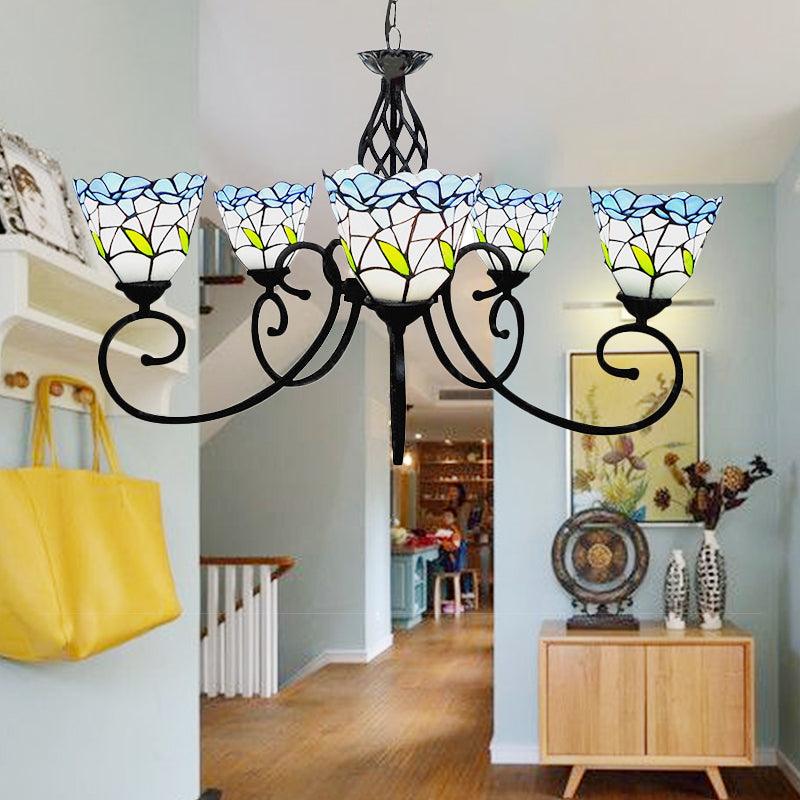 5 Heads Floral Ceiling Chandelier Light Tiffany Style Stained Living Room Pendant Light in Blue - Rebooters