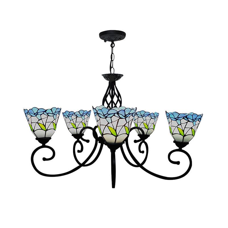 5 Heads Floral Ceiling Chandelier Light Tiffany Style Stained Living Room Pendant Light in Blue - Rebooters