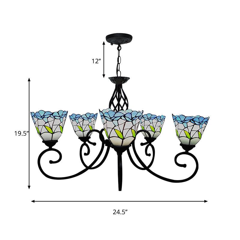 5 Heads Floral Ceiling Chandelier Light Tiffany Style Stained Living Room Pendant Light in Blue - Rebooters