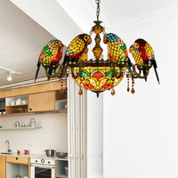 9 Lights Parrot Armed Suspension Light Rustic Stained Glass Chandelier Light in Yellow - Rebooters