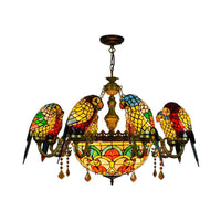 9 Lights Parrot Armed Suspension Light Rustic Stained Glass Chandelier Light in Yellow - Rebooters