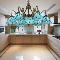9 Lights Dining Room Ceiling Lamp Tiffany Blue Chandelier - Rebooters
