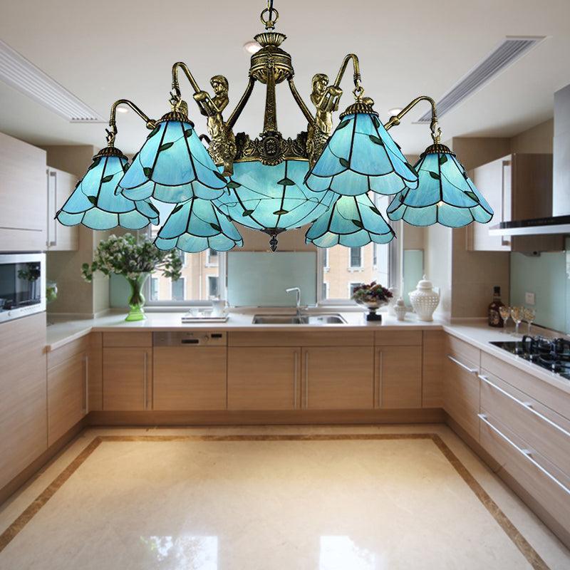 9 Lights Dining Room Ceiling Lamp Tiffany Blue Chandelier - Rebooters