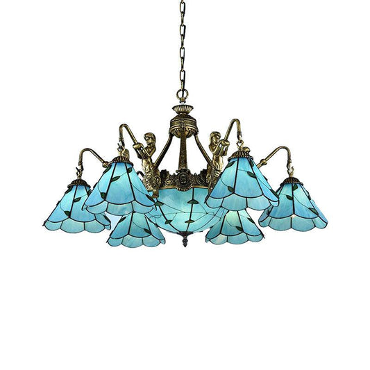 9 Lights Dining Room Ceiling Lamp Tiffany Blue Chandelier - Rebooters