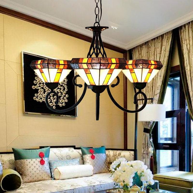 3 Heads Pyramid Shape Chandelier Tiffany Stained Glass Inverted Chandelier for Living Room - Rebooters