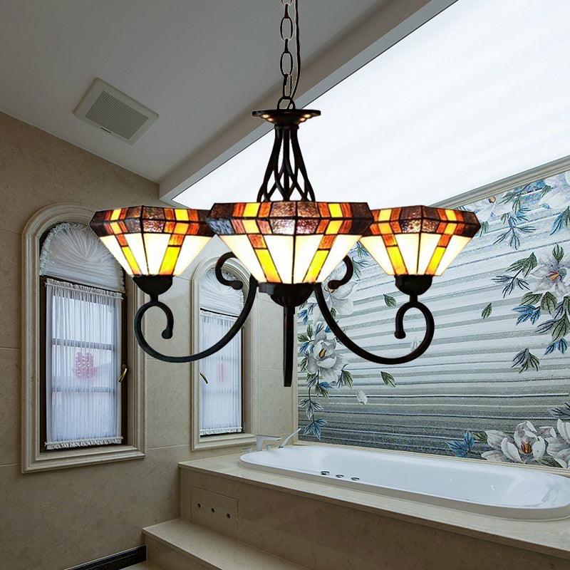 3 Heads Pyramid Shape Chandelier Tiffany Stained Glass Inverted Chandelier for Living Room - Rebooters