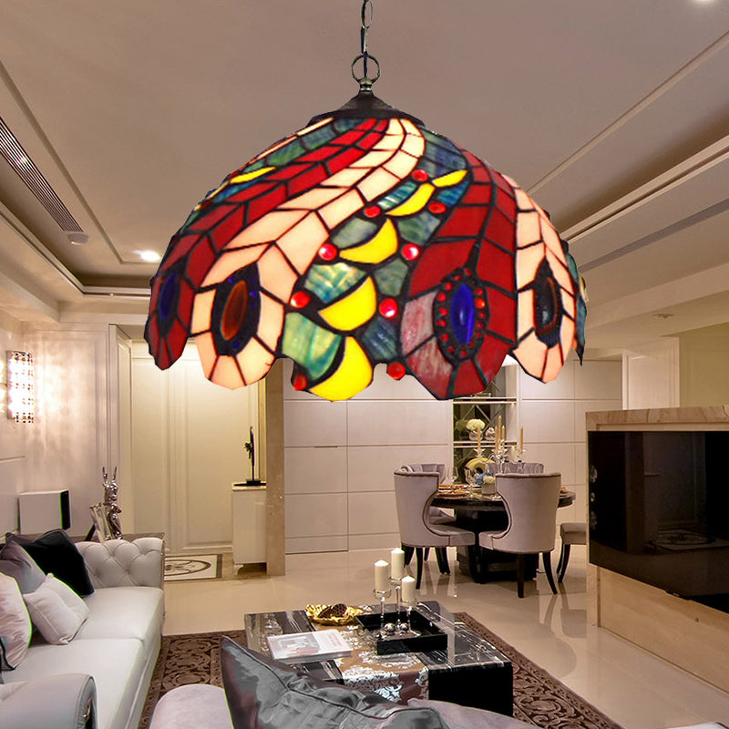 1 Bulb Peacock Ceiling Lamp Tiffany-Style Red Glass Light | Rebooters - Rebooters