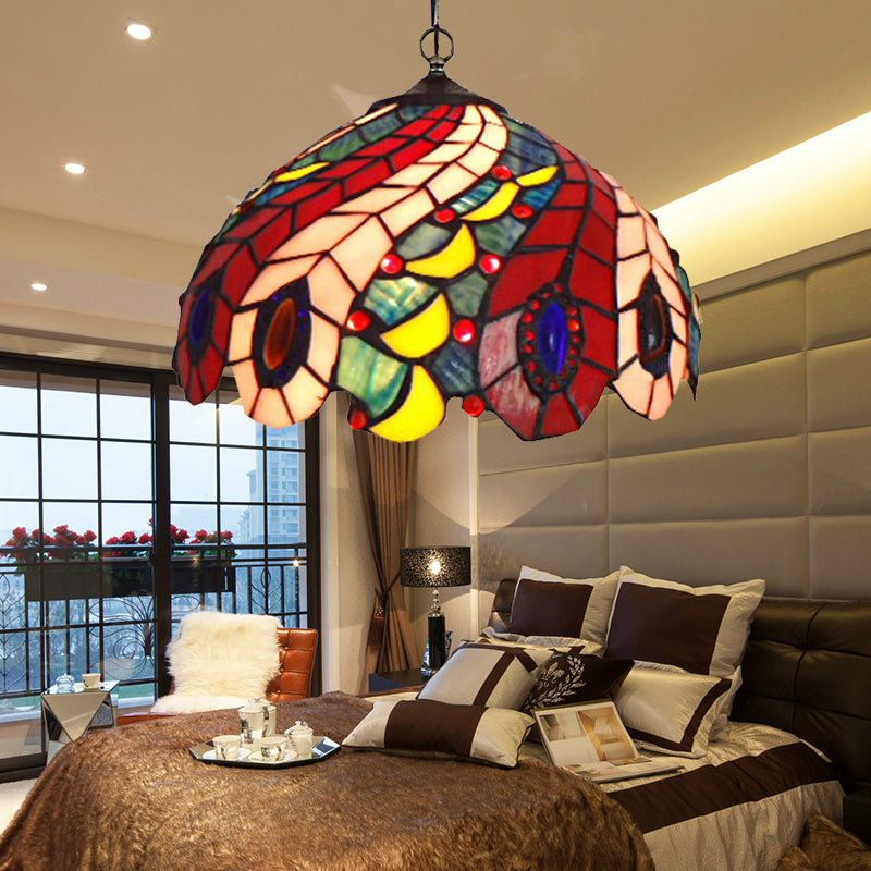 1 Bulb Peacock Ceiling Lamp Tiffany-Style Red Glass Light | Rebooters - Rebooters