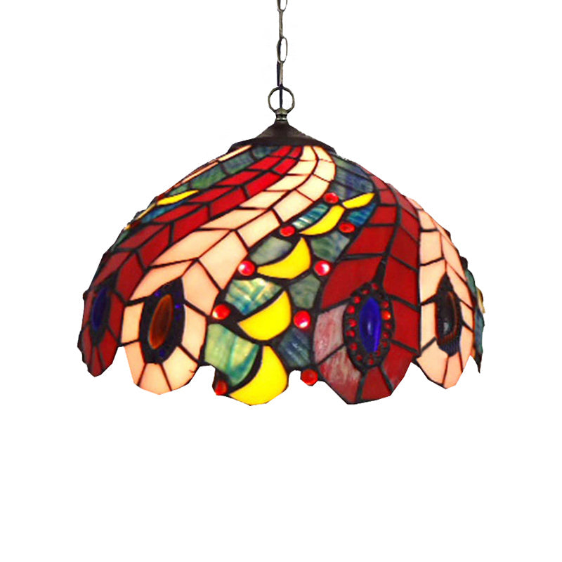 1 Bulb Peacock Ceiling Lamp Tiffany-Style Red Glass Light | Rebooters - Rebooters