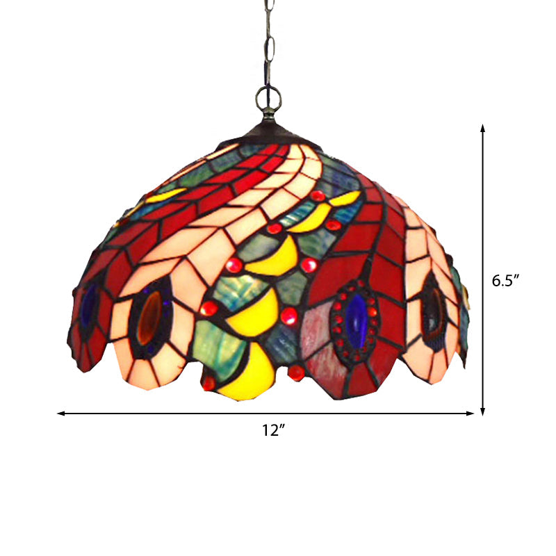 1 Bulb Peacock Ceiling Lamp Tiffany-Style Red Glass Light | Rebooters - Rebooters