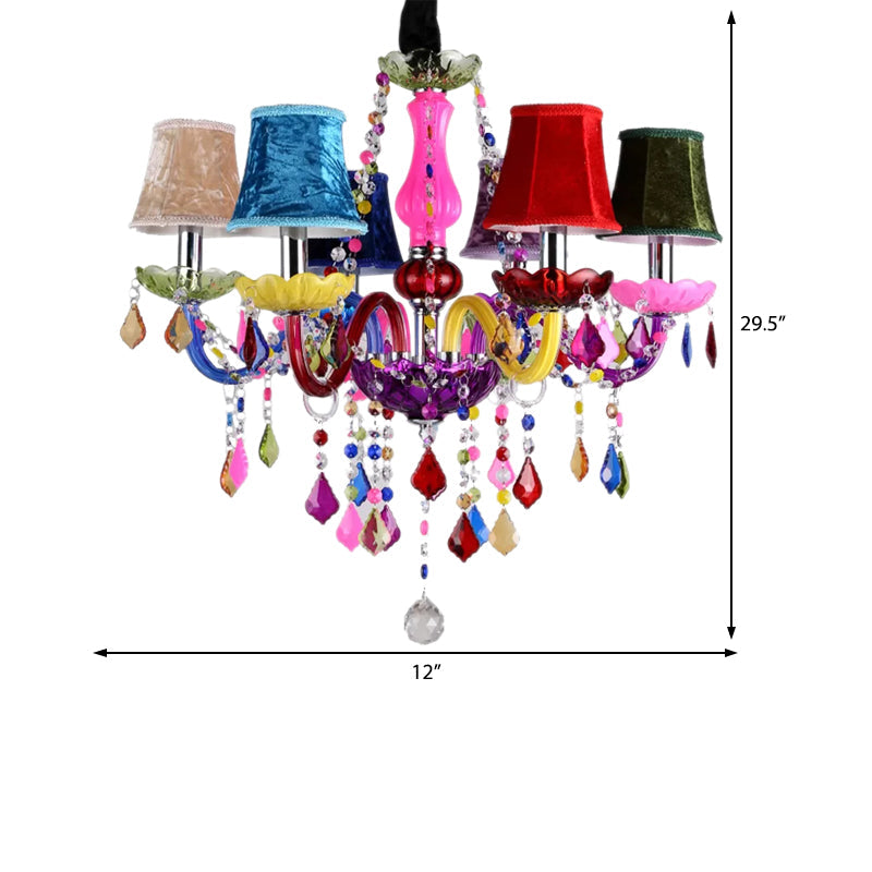Multi-Colored Glass Chandelier with Crystal Bead 6 Lights Kids Pendant - Rebooters