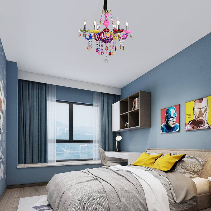 Multi-Colored Glass Chandelier with Crystal Bead 6 Lights Kids Pendant - Rebooters