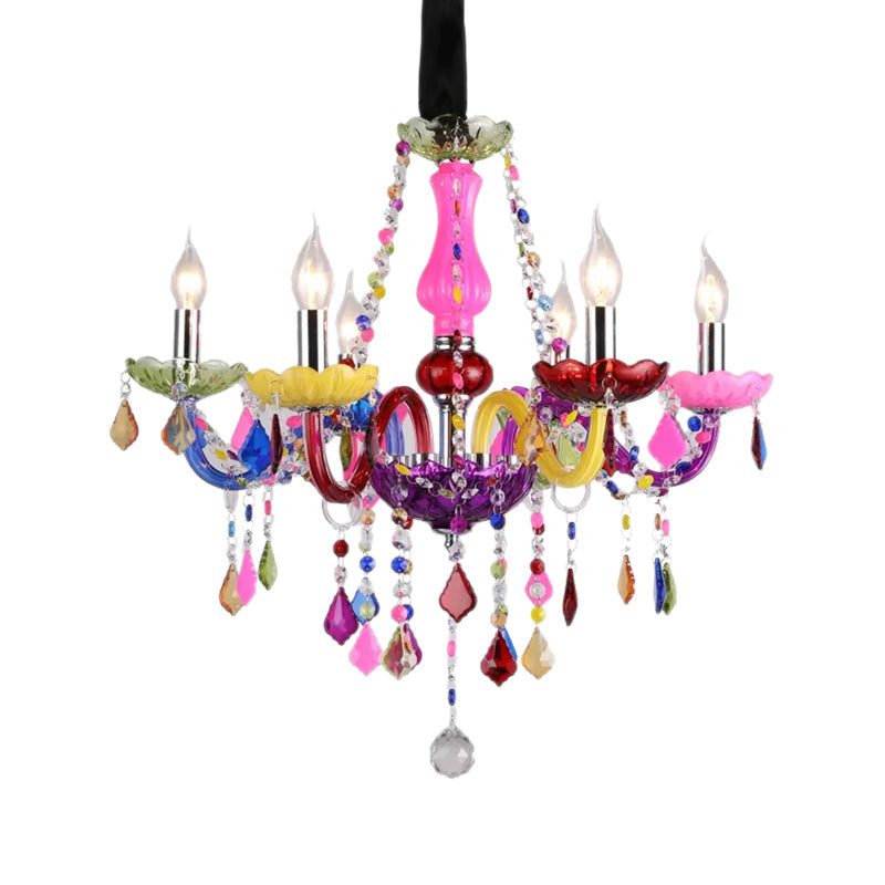Multi-Colored Glass Chandelier with Crystal Bead 6 Lights Kids Pendant - Rebooters