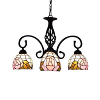 3 Lights Domed Chandelier Retro Style Stained Glass Floral Pink - Rebooters