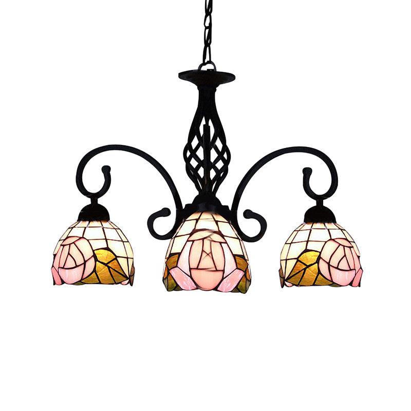 3 Lights Domed Chandelier Retro Style Stained Glass Floral Pink - Rebooters