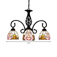 3 Lights Domed Chandelier Retro Style Stained Glass Floral Pink - Rebooters